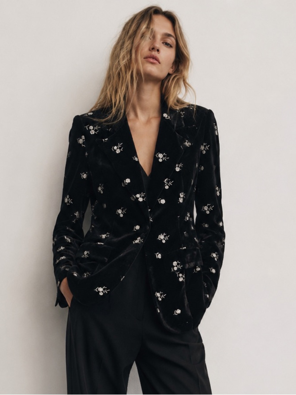 Avec Les Filles Black Velvet Embroidered Floral Blazer Jacket size Small New NWT